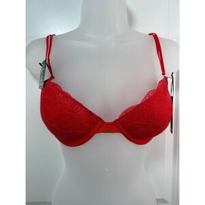 NWT BeMe New York Red Lace Demi Bra Underwire Adjustable Straps 34C Mesh Sexy